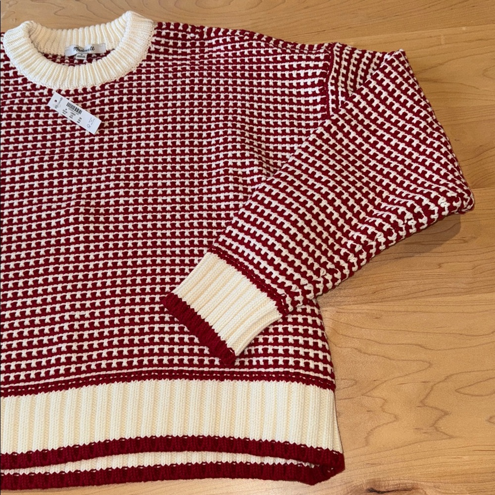 Women’s Madewell Textured Stitch Crewneck Sweater in  Ivory and Ruby Stripe M - Picture 7 of 12